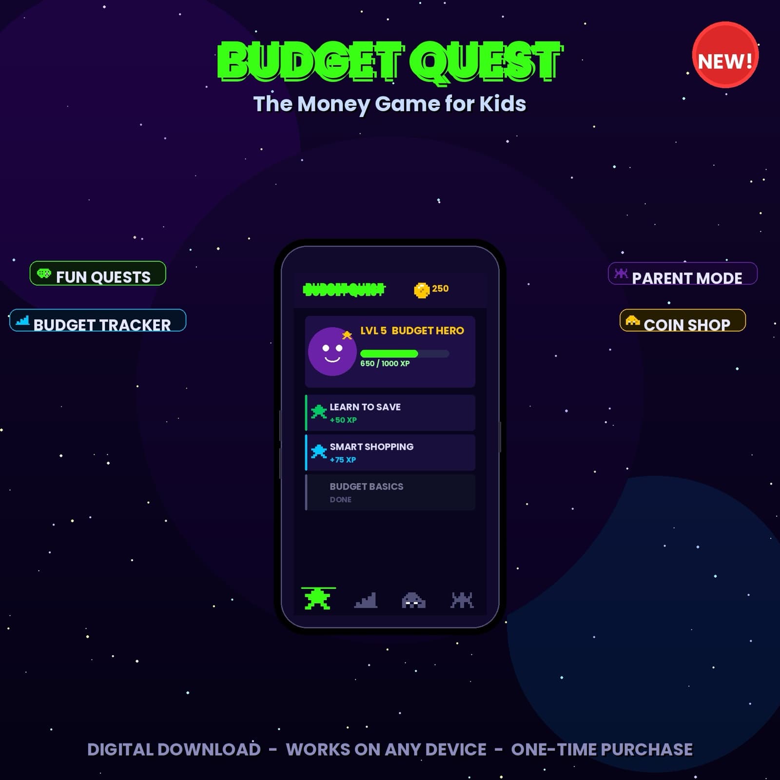 Budget Quest — The Money Game for Kids. Etsy listing cover with retro 8-bit phone mockup.