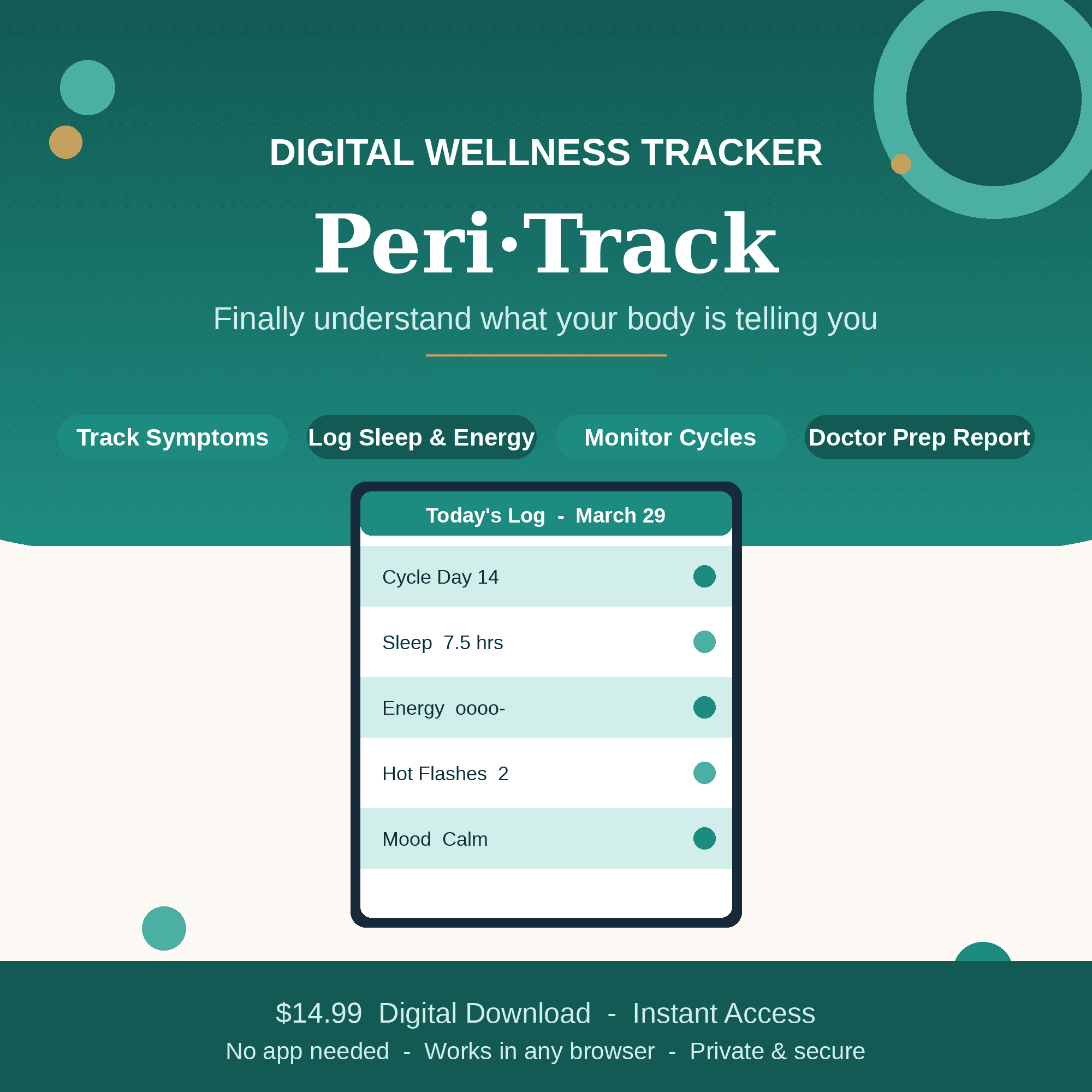 Peri Tracker — Digital Wellness Tracker. Etsy listing cover.